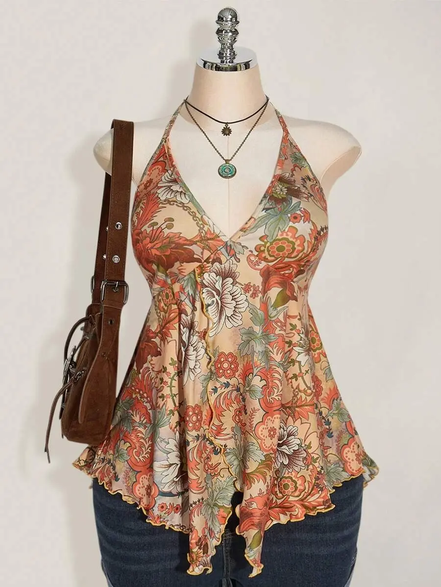 Women Spring And Summer Vacation Casual Retro Printed Backless Halter Y2k V Neck Western Boho Beach Hippie Babydoll Top,Going Tops