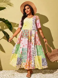 Women's Plus Size New Boho Patchwork Dress, Stylish Casual Wear, Comfortable Fit, Perfect for Daily, Spring Trendy Fashion Clothing