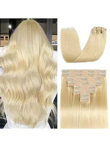 Clip in Hair Extensions Real Human Hair, Premium Human Hair Clip in Extensions Bleach Blonde, Soft Straight Hair Extensions Real Human Hair Clip ins 8PCS Double Weft,Can be curled & Styled(14-28 Inch #613)