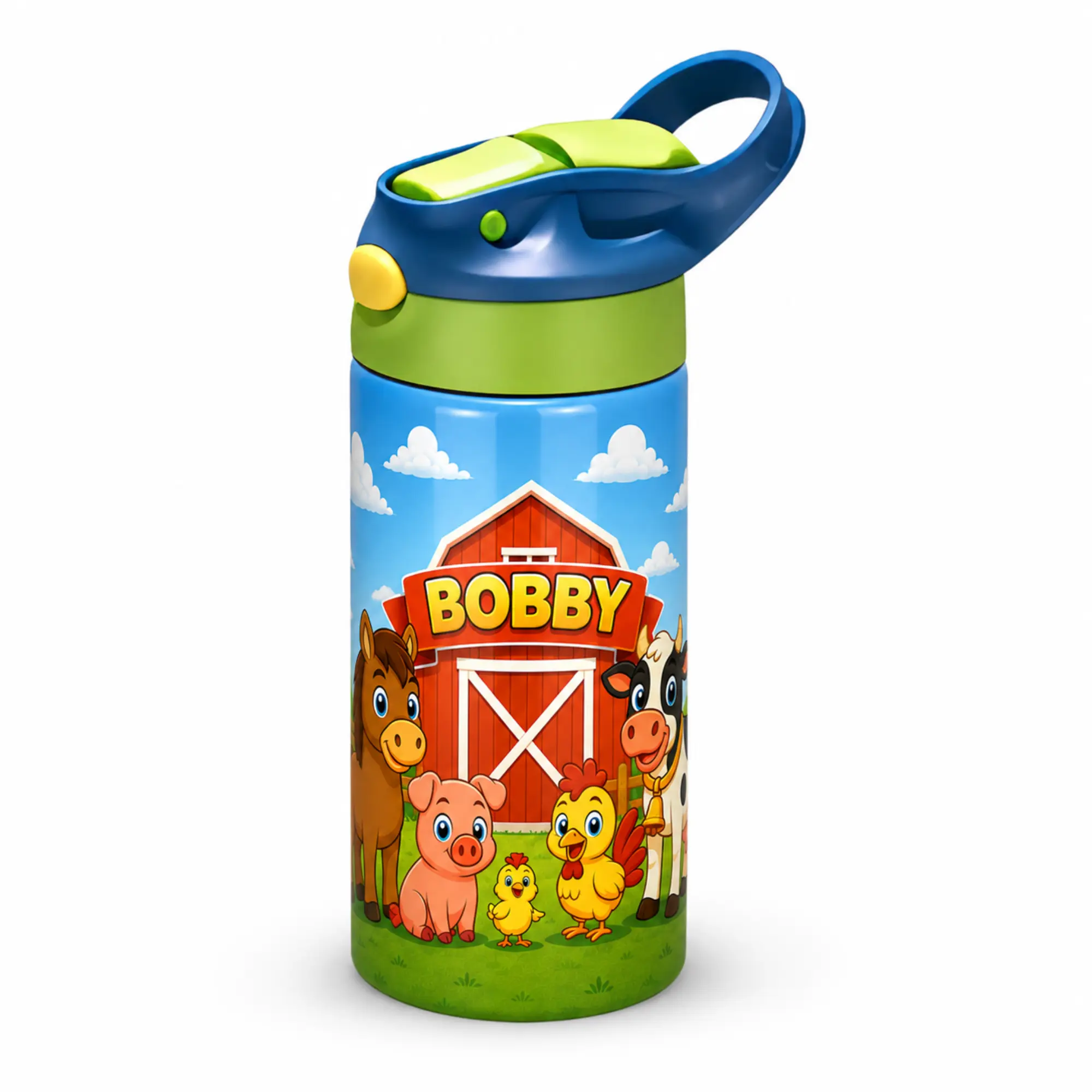 Personalized 12oz Stainless Steel Kids Farm Water Bottle - Custom Name, Barnyard Animals, Straw Lid, Lightweight, Reusable, Colorful, Portable Cup for Boys & Girls, School Use