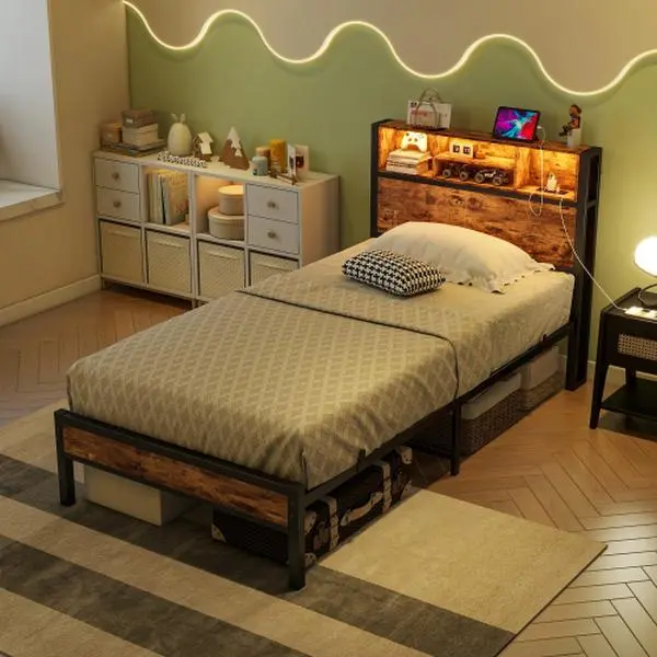 [Bellemave] Twin/Full  Size Bed Frame with Storage Headboard, Metal Platform Bed with Charging Station, Bookcase Storage, No Box Spring Needed, Easy Assembly