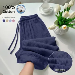 Women’s Summer Lightweight Wide-Leg Pants, 100% Cotton, Crinkled Texture, Elastic Waist with Tie, Loose Casual Straight-Leg Style