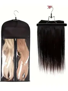 Black Wig Storage Bag Dust Proof Dust Cover Bag Portable Reusable Wig Storage Organizer + Hanging Wig Hanger Stand Wig Rack Wig Display Holder Hanging Wig Storage Rack Universal Wig Storage Set For All Wigs