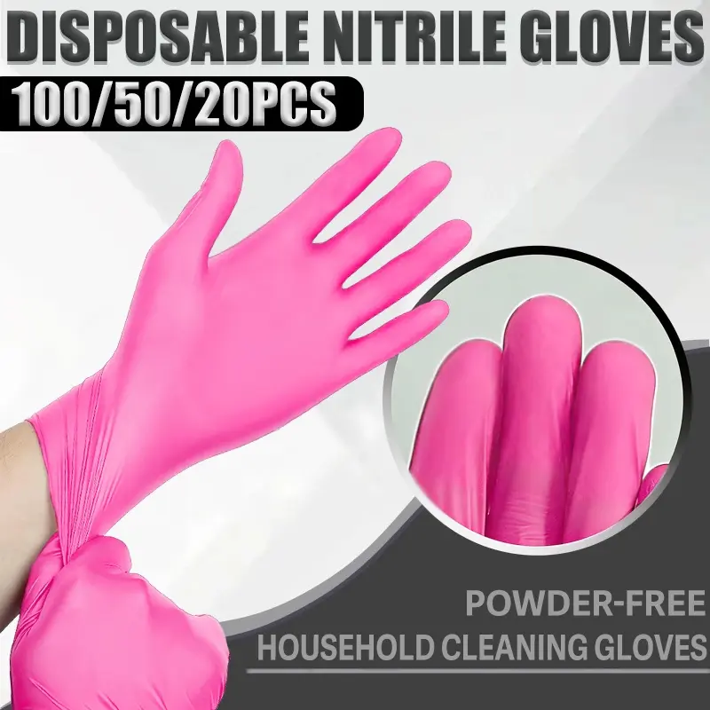 100/50/20 pcs, rose-pink nitrile gloves, Waterproof gloves, Water And Oil Resistant, ambidextrous, household durable cleaning gloves, suitable for kitchen cleaning, tattooing, outdoor car washing, hair dyeing, bathroom cleaning, odor-free