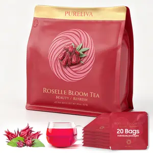 PURELIVA Premium Roselle Bloom Tea Bags - 20 Servings Beverage, Natural Jasmine-Roselle-Plum Blend, Mind-Relaxing, Sleep-Supporting Daily Wellness Drink with Refreshing Floral Fruity Taste