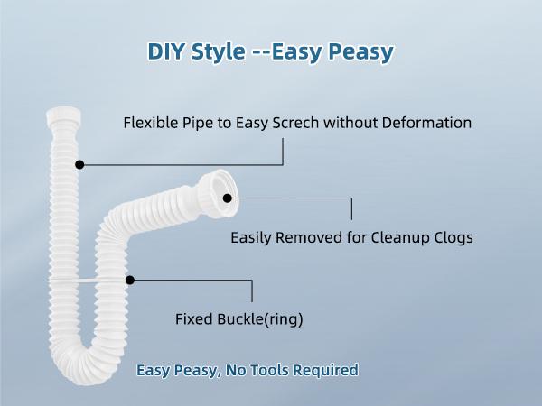 Hibbent 2 Pack 1-1/2" P-Trap Pipe, Flexible Sink Drain Pipe with 4 Rubber Sealing Rings, Expandable Drain Tube 11"-34.5" P Trap Tubing for Kitchen, Bathroom, Garbage Disposal, 1-1/4" Adapter, White