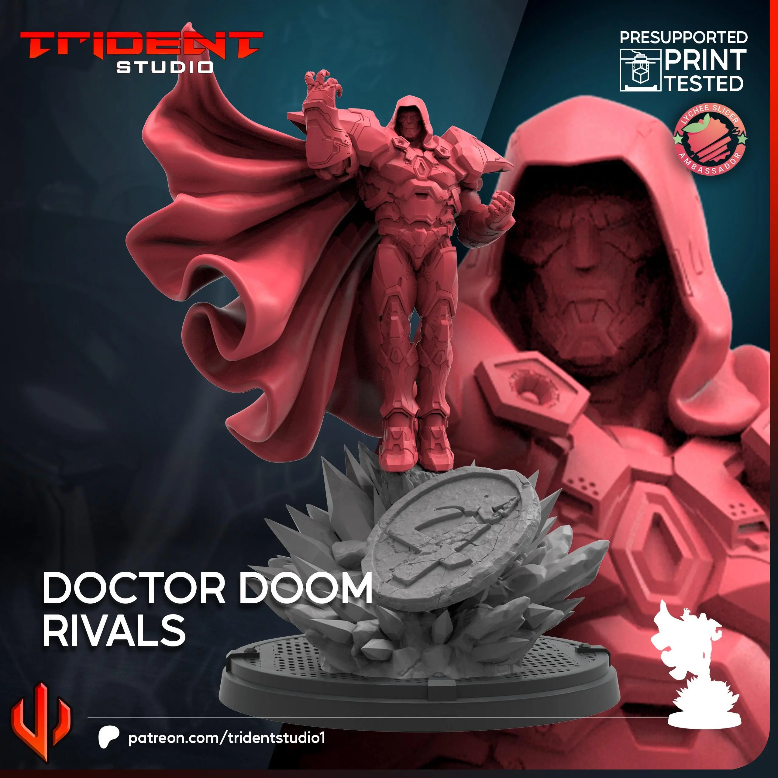 Trident Studios 3D Printed Doctor Doom Rivals Miniature - New No-Plastic Marvel: Crisis Protocol Proxy, 40mm Scale Tabletop Collectible, High-Detail Fan-Inspired Sculpt with Clean Print Quality