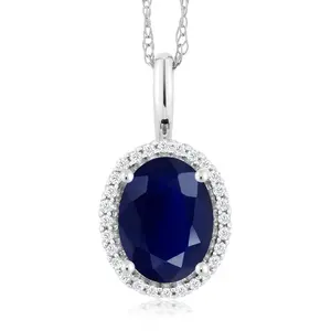 Gem Stone King 10K White Gold Oval Halo Pendant Necklace for Women | Gemstone Birthstone and Diamond | Oval 8X6MM | White Gold Necklace | 18 Inch Chain | Fine Jewelry Gifts for Her Mom Women Wife