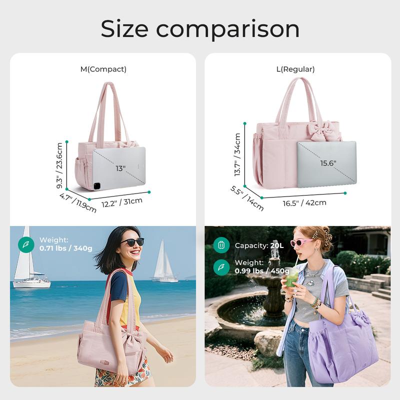 BAGSMART Crush Bow Tote Bag for Women 15.6" Laptop Friendly Lightweight Puffy Handbag with Removable Bow & Multiple Compartments for Travel Work Beach Gym 20L Capacity