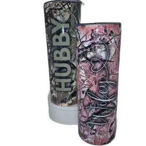 Hubby/Wifey Matching 20 oz Double Wall Stainless Steel Tumbler Set with Camo Design for Couples