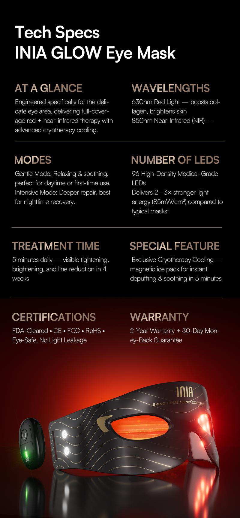 INIA GLOW Red Light Therapy Eye Mask with 96 High-Density LEDs & Cryotherapy Cooling, LED Eye Mask Skincare for Wrinkles, Dark Circles & Puffiness, FDA-Cleared, Portable and Rechargeable, 2-Year Warranty