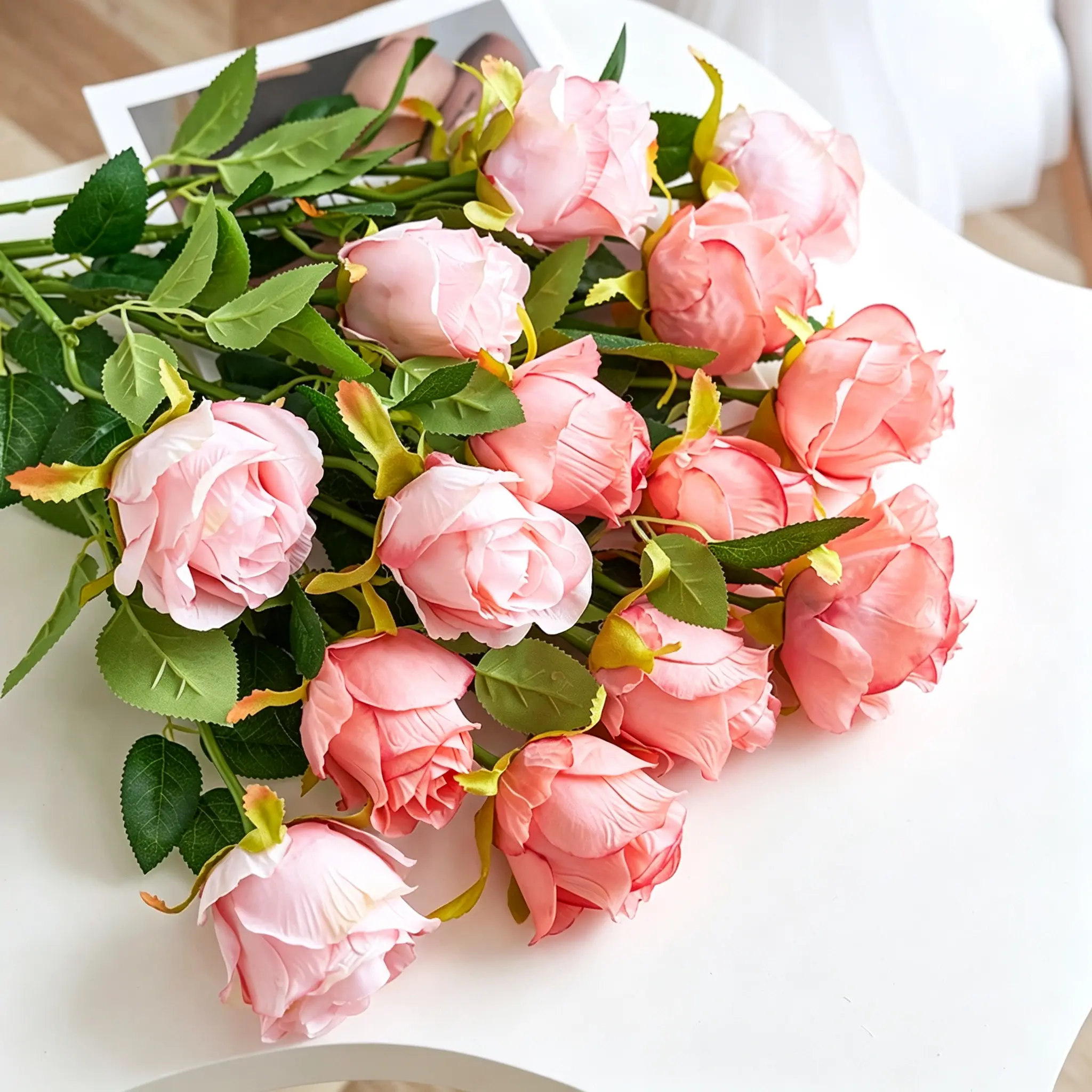 Realistic Bulgarian Rose Artificial Flowers, Pink Silk Fake Rose Bouquet, Indoor Table Floral Decor for Living Room Home Arrangement