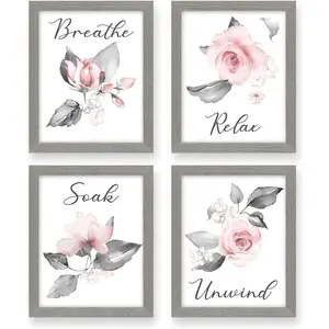 Pink Wall Art Grey Wall Decor Relax Soak Unwind Wall Pictures Set of 4(Gray Framed, 8x10in)