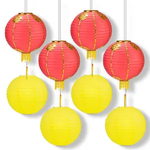 8 PACK Red Yellow Chinese New Year Parallel Ribbing Round Paper Lantern, Hanging Combo Set