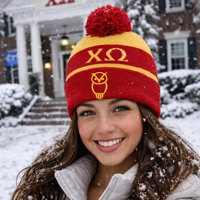 Chi Omega Sorority Winter Beanie with Pom Pom, Red and White Knit Hat XO *Officially Licensed