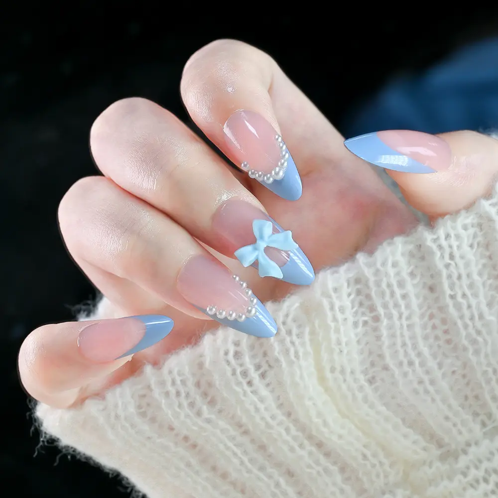 24Pcs 3D Blue Bowknot French  Fake Nail Tips with White Pearl Short Almond Press On Nails Elegant Women Wearable False Fingertip