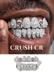CRUSH CR Hip Hop Horus Eye Full Iced Grillz Set, Gold/Silver Plated Teeth Cap, Bold Statement Dental Jewelry for Rappers, Concerts, Studio Sessions and Urban Streetwear Fits