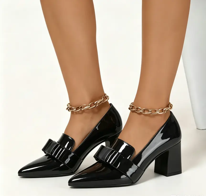Women's Patent Leather Pointed Toe Chunky Heel Dress Pumps - Formal Evening Chic Classy Pumps with Bow, Soft Lining for Office Comfort, Everyday Dates, All-Season Glossy Footwear, Black