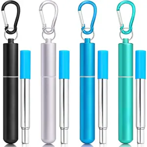 4Packs  Straws, Metal Straw with Silicon, Travel Drinking Straws with Case, , Cleaning Brushes, Silicon Pcs  for Travel, Gifts (20 PCS) Blue-Black--Turquoise