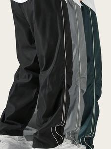men's letter print drawstring waist pants, casual comfy contrast binding pocket straight leg trousers for daily wear, unisex bottoms for all seasons, pants for men