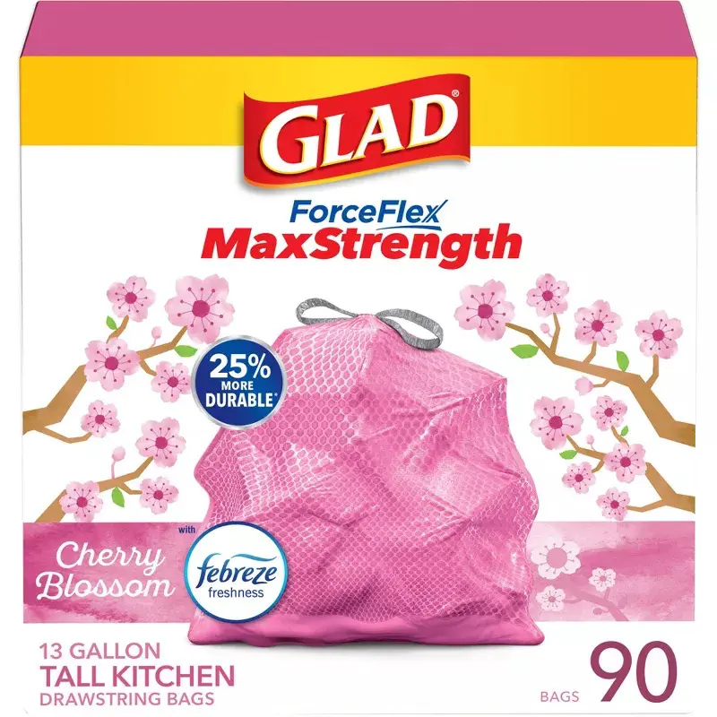 Glad ForceFlex MaxStrength Tall Kitchen Drawstring Pink Trash Bags - Cherry Blossom - 13 Gallon