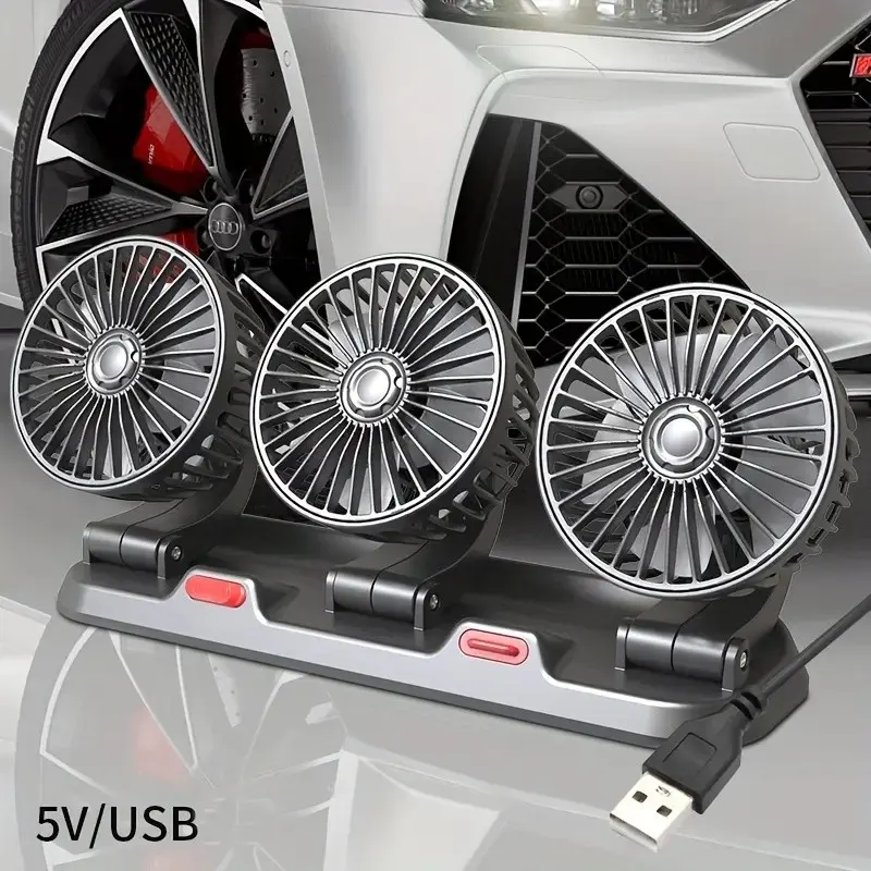 USB three-head car fan, Backseat car fan, with 360° rotation, multi-angle airflow, dual-speed adjustable with parking indication function, powered by car USB, without battery, button control, suitable for vehicles, households, etc. Essential for summer