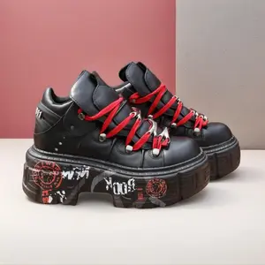 Gothic Black Retro Sneakers Women Chunky Heel Platform Metal Decoration Casual Trainers Large Size Runway Sport Shoes All Match