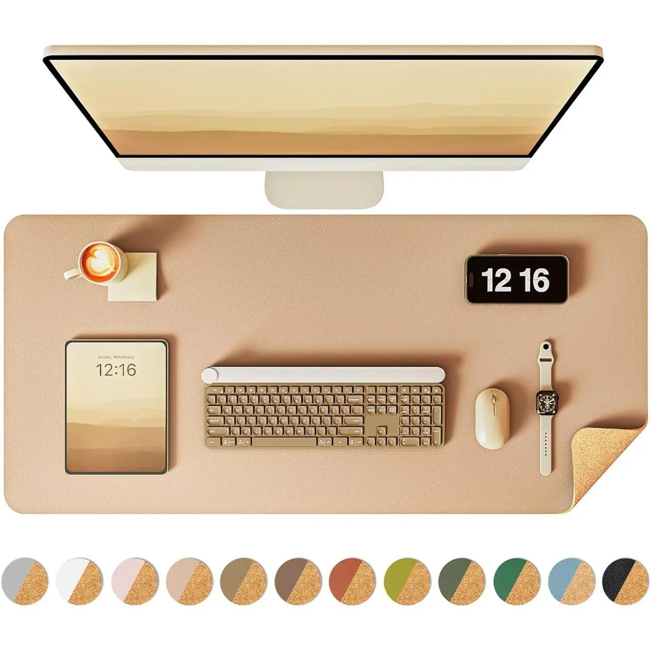 Double-Sided Desk Pad, Multi-color Leather Desk Mat, Eco Cork Desk Pad Protector, Large Mouse Pad for Desk, Waterproof Desk Blotter Pad, Writing Pad for Office/Home