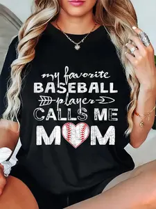 100% Cotton Unisex My Favorite Baseball Player Calls Me Mom Shirt, Mother's Day Round Neck Short Sleeve T-Shirt Women's Men Graphic Tee