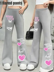 Girls' Casual Comfortable Butterfly Print Pants, Letters + Heart Colorblock Design, Elastic Slim Fit Bell Bottoms, All Seasons Fashion, Graphic Pants