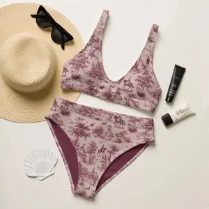 Women French Toile de Jouy Victorian Scene Pink Bikini Set Romantic Vintage Loose Comfortable High Waist Swimwear Beach Pool Summer Festival Vacation Two Piece