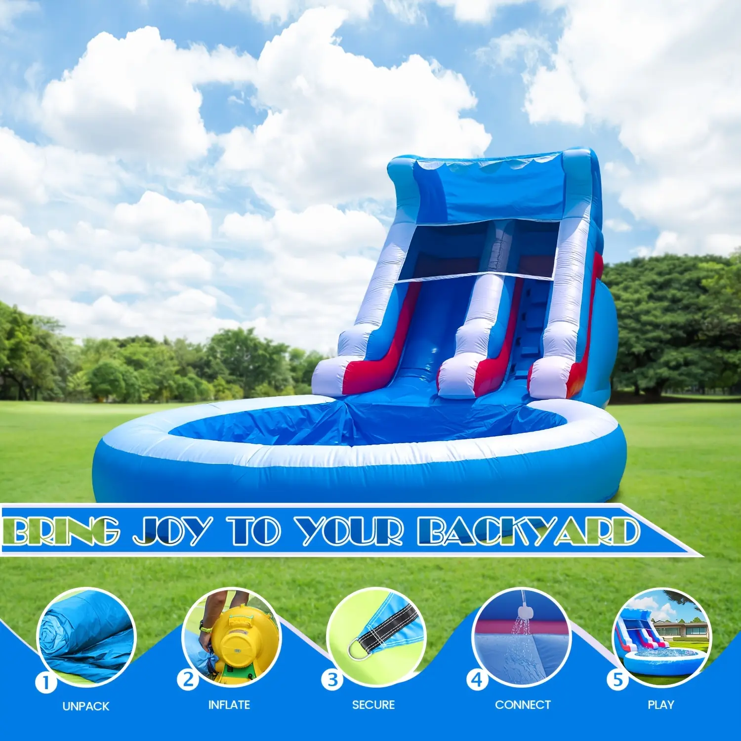 24Ft(L) Inflatable Commercial Water Swimming Pool, 1100 W High-Speed Air Blower, Backyard Blue Splash Pool, Summer Fun, Outdoor Water PVC Pool, 24 X 13 X 12ft