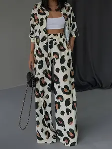 Women's Leopard Print Pant Set without Cami Top, Button Front Drop Shoulder Woven Shirt & Elastic Waist Wide Leg Pants Set, Ladies Summer Casual Clothes