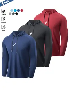 Men's Long Sleeve Hooded Sports T-Shirt Set, Athletic Hoodies, Breathable Sweat-Wicking Fabric, Reflective Chest Logo, Ideal for Gym Running Cycling
