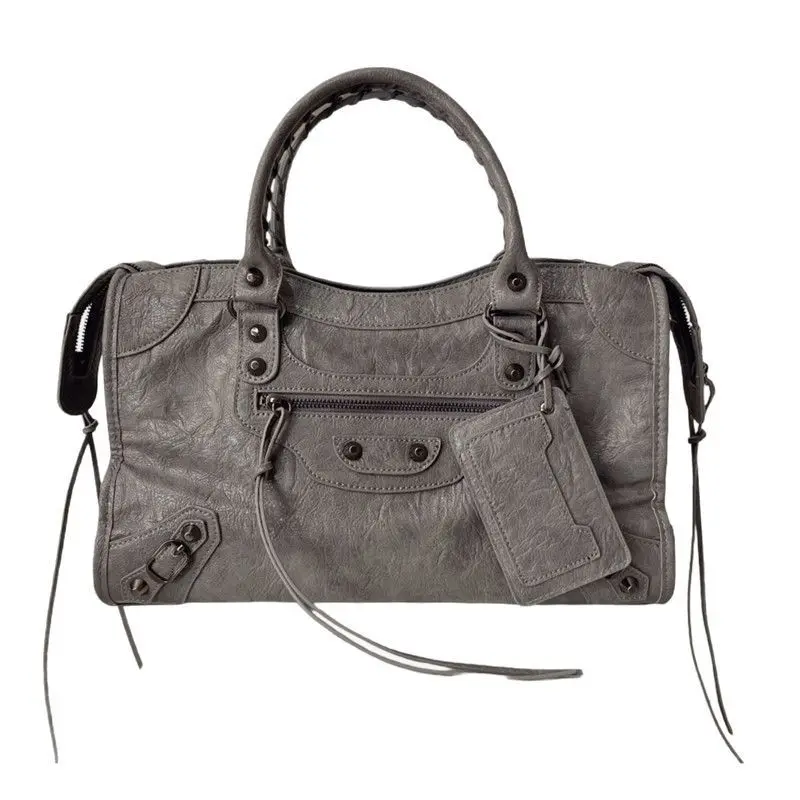 Women's Vintage Washed Biker Motorcycle Bag, Grey Rivet Detail Braided Handle Handbag With Detachable Crossbody Strap, Y2K Grunge Street Style Shoulder Purse sturdy library teacher waterproof beach versatile large capacity shoulder bag