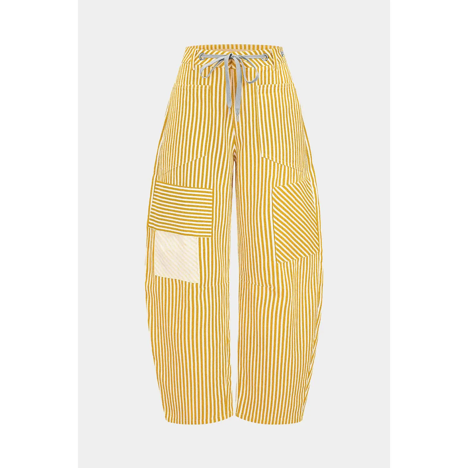 Stripe Print Barrel Pants for Women, Loose Fit 100% Cotton Twill Cloth with a Drawstring Waist and Pockets for Daily Life, Striped