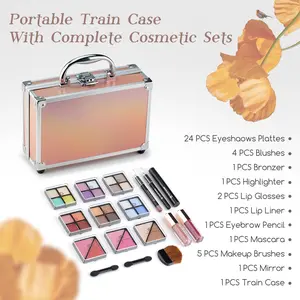 Color Nymph Beginner Makeup Kit for Teens – Complete Set with Eyeshadow Palette, Blushes, Bronzer, Highlighter, Lipstick, Brushes, and Mirror in Elegant Gold Train Case