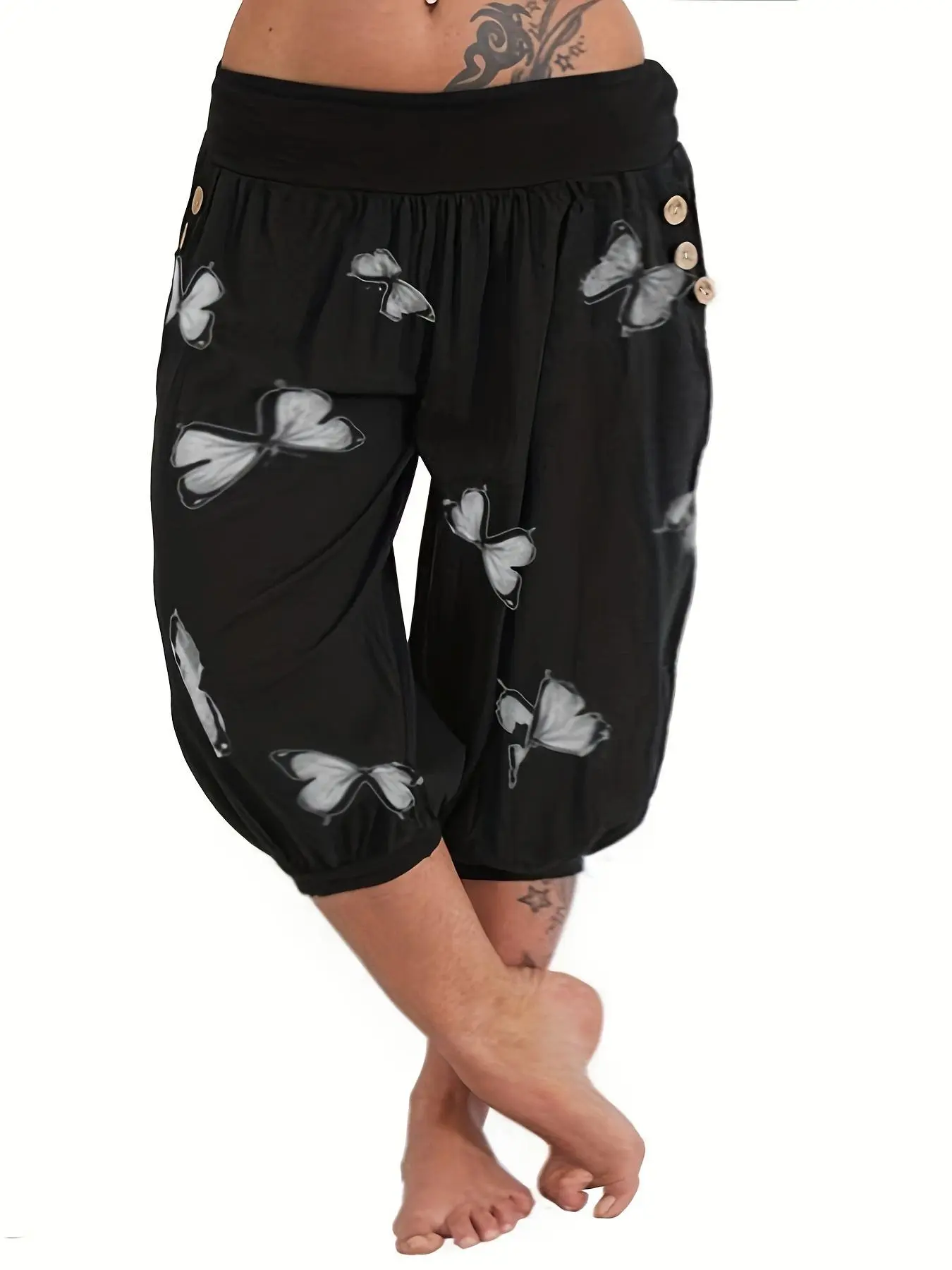 【Plus Size】 Butterfly Print Capri Pants, Casual Comfy Capri Pants for Daily Wear, Women's Bottoms for Summer, Casual Fashion Pants, Casual Fitted Bottoms, Bohemian Bottoms