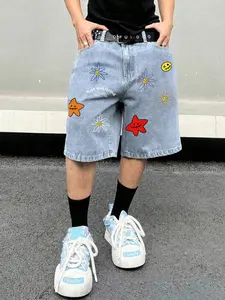 Light Blue Rise and Grind Floral Denim Shorts, Colorful Smiley Flower Print, Hand Drawn Sun, Loose Wide Leg, Durable Cotton Fabric Bottoms