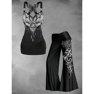Targeted Development of Popular New Styles for Women's Casual Wear in Europe And America, Featuring Butterfly Lace Trim And Printed Tank Tops with Matching Pants.