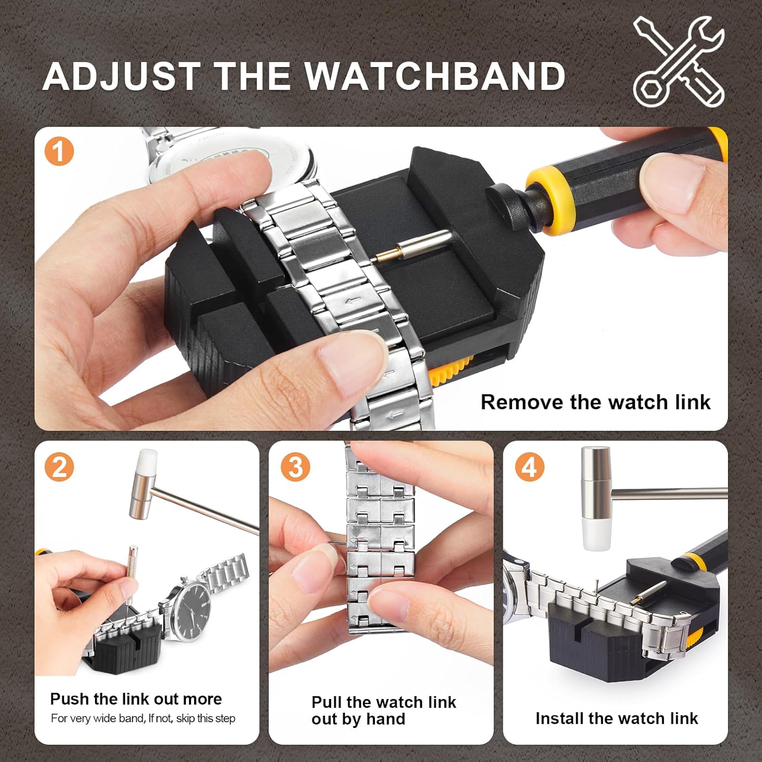 Watch Link Removal Kit, Can be Used for Strap Length Disassembly and Adjustment, Watch Strap Removal Tool, Tool Hammer, Cleaning Cloth and Spare Needle, with User Manual.