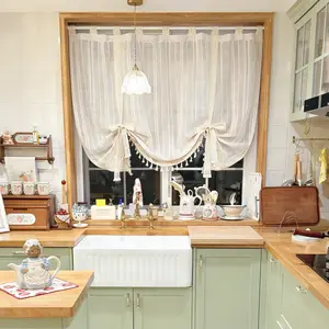 1 PC Beige Striped Boho Balloon Curtain for Kitchen Bathroom Tab Top Beige Striped Sheer Roman Curtain with Cotton Crochet Knitting Bottom Farmhouse Valance Tasseled Linen Voile