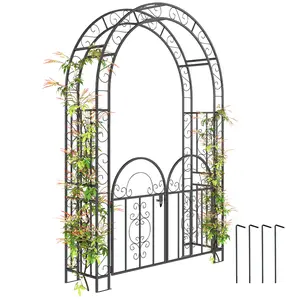 7.4ft Steel Garden Arch With Gate – Garden Arbor Trellis For Climbing Plants, Roses, Vines & Wedding Arch Stand For Outdoor, Garden, Lawn Or Backyard, Black