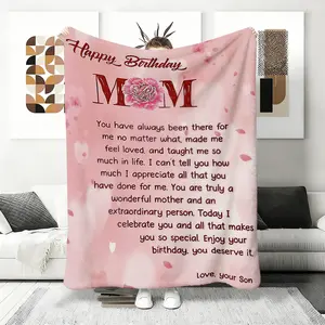 Birthday Gift for Mom from Son, 'Happy Birthday Mom' Printed Flannel Blanket, Heartfelt Message Fleece Throw, Pink Soft Blanket for Mother’s Birthday Present,  bedding ,plush blankets,mellow blanket