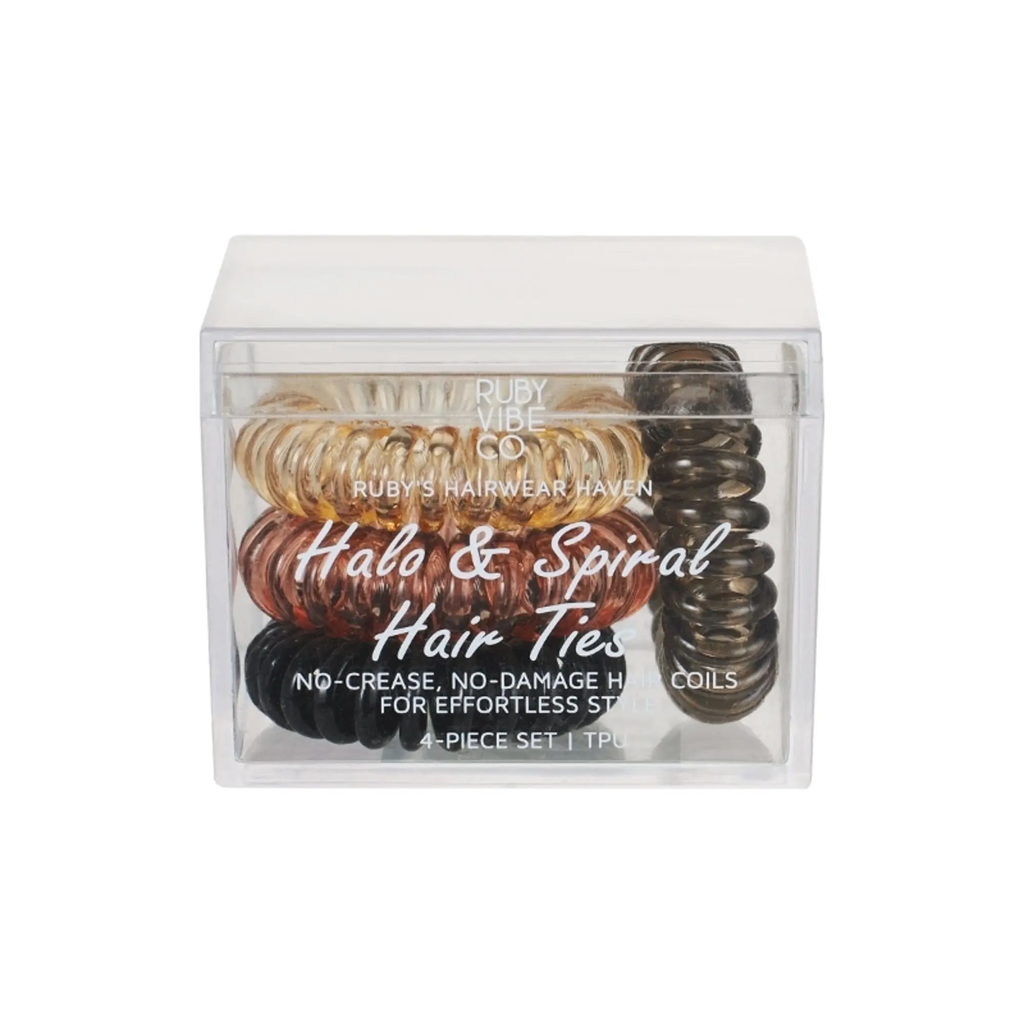 [RUBY VIBE CO] Halo Spiral Hair Ties No-Crease No-Damage Hold Waterproof TPU Elastics 4 Pack for Versatile Styling