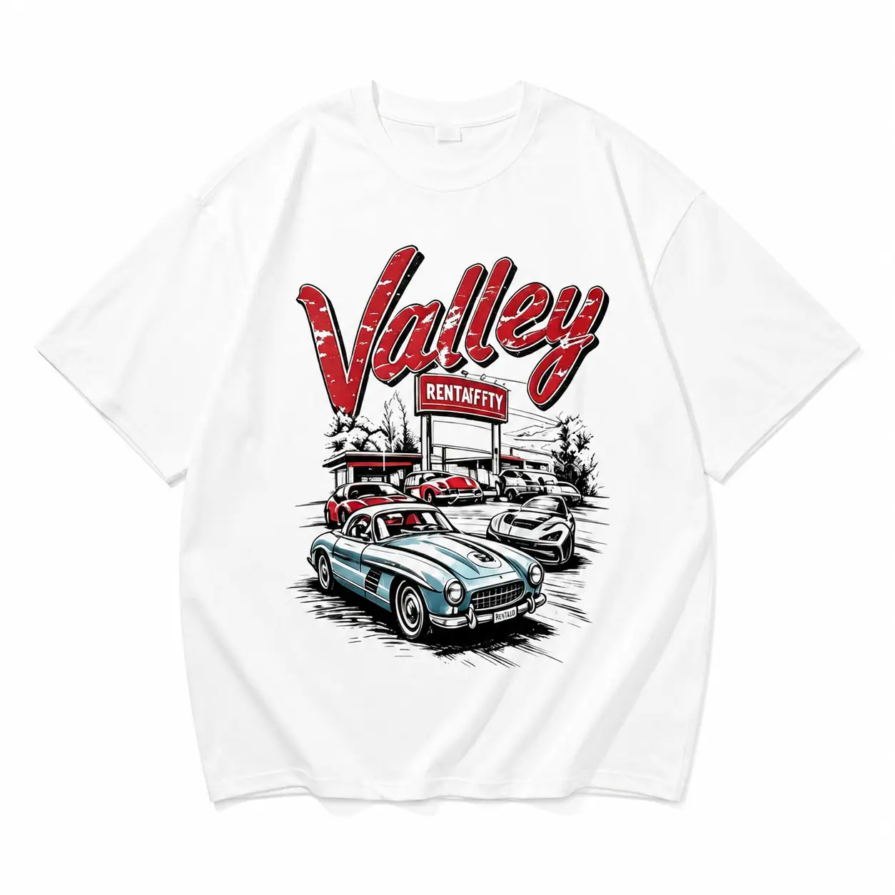 Men's Shortsleeve Vintage Cotton T-shirt Menswear Top Streetwear Casual Shortsleeve Retro Car Graphic Valley Printed Tees Womenswear Summer