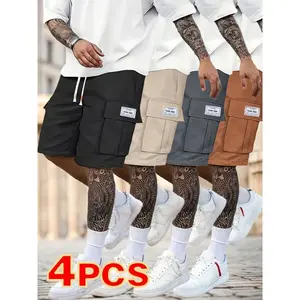 4pcs Men's Casual Cargo Shorts - Loose Fit, Drawstring Waist, Multi-Pocket Design, Polyester Fabric, Solid Colors Black, Beige, Light Blue, Dark Gray Spring & Summer