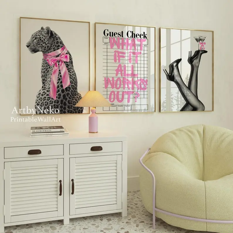 Trendy Coquette Wall Art Set of 3, Black Pink Gallery Prints, Fashion Poster Set, Glam Apartment Decor, Printable Girly Art, Leopard Art Neko Art