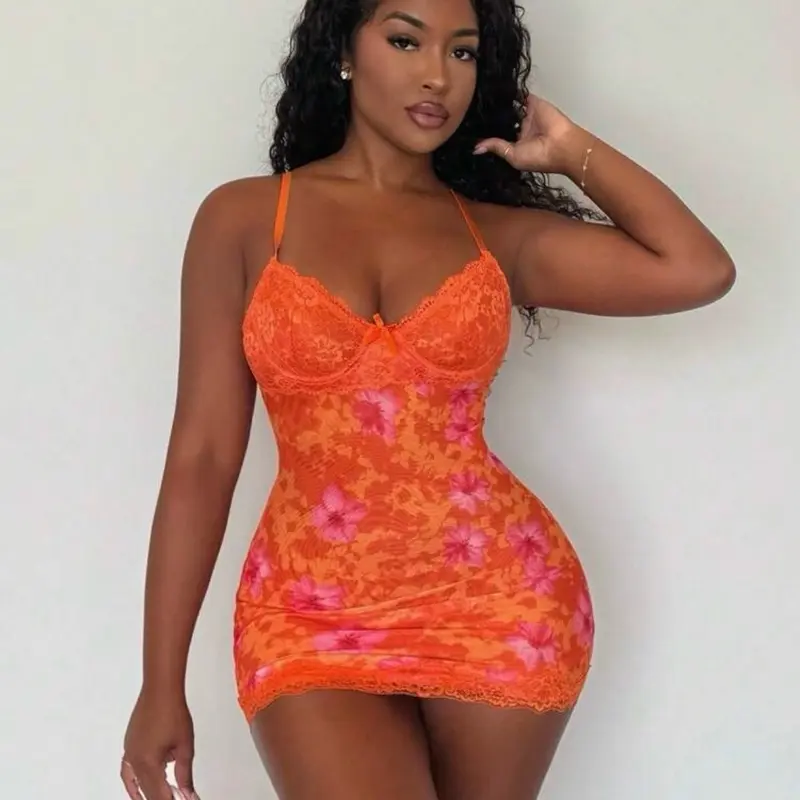 PT Lace Cup Detail Tropical Floral Mesh Bodycon Mini Dress, Bohemian