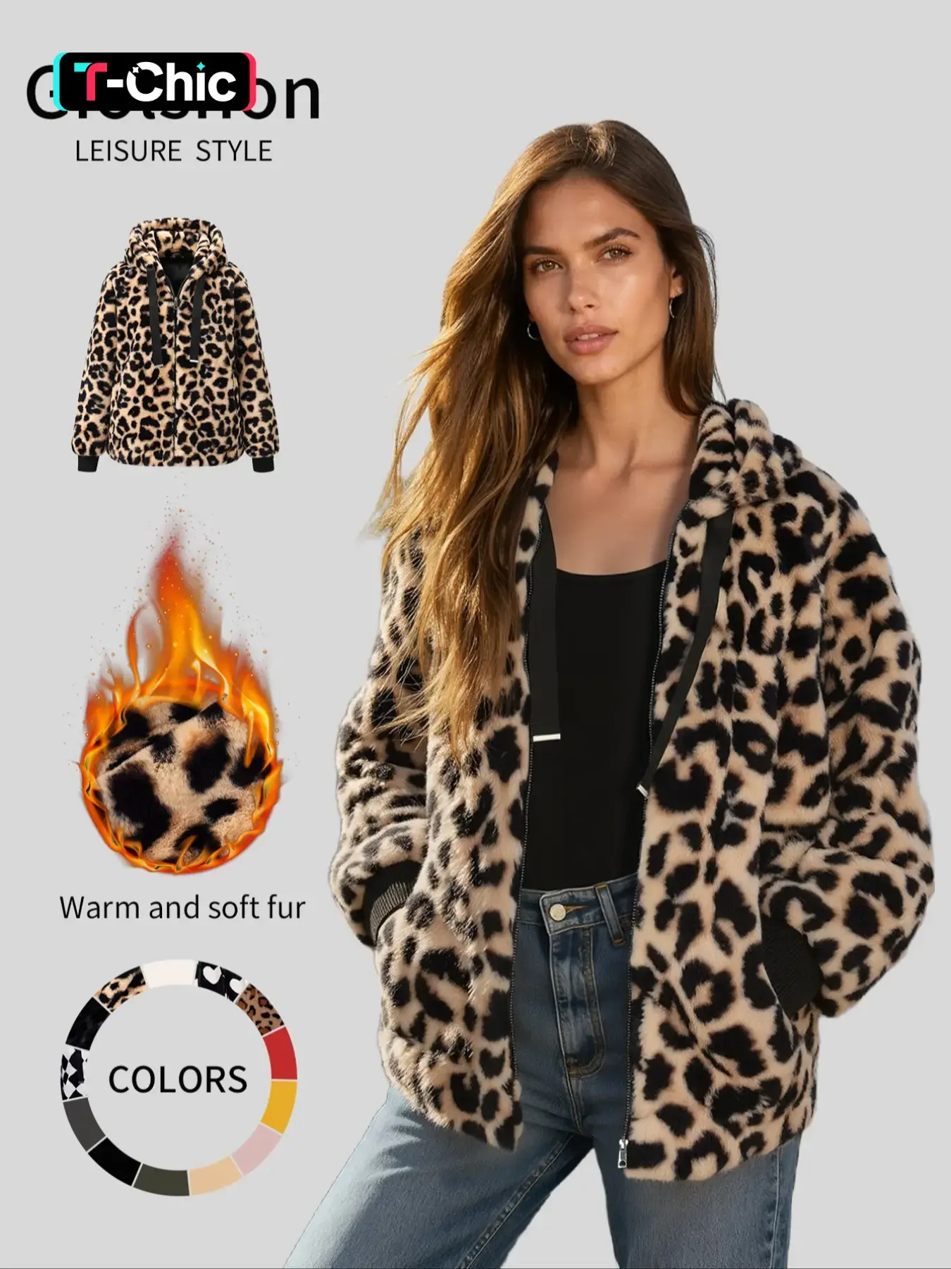 Women's Fall Winter Warm Leopard Fitted Womenswear Jacket with Pockets Zipper Fashion Hood Elegant Commuter Casual Simple Daily Wear Casual Fashionable Outerwear Coat, Leopard Print Jacket